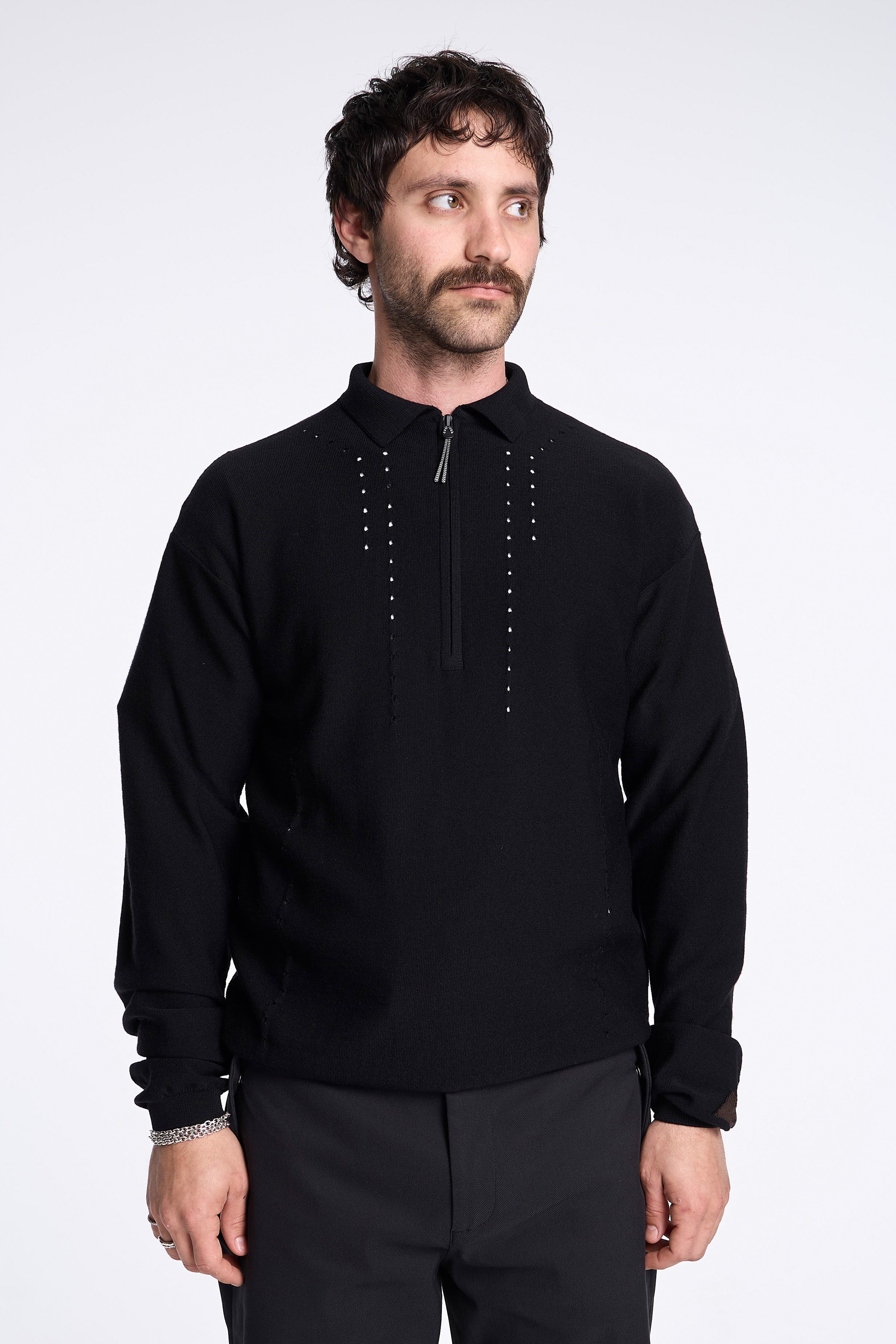 Pinched Wool Knit Polo Black