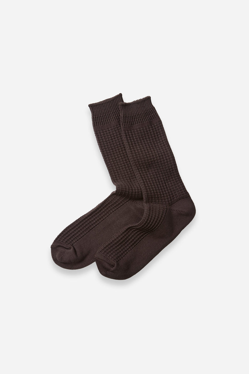 Cotton Waffle Crew Socks D.Brown