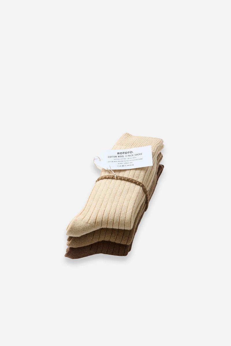 Cotton Wool Ribbed Crew 3 Pack Socks Beige Tones