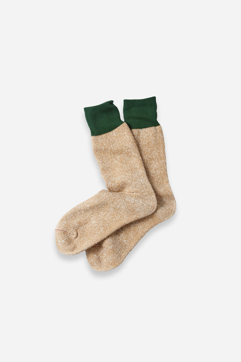 Double Face Crew Socks "Silk & Cotton" D.Green/Beige