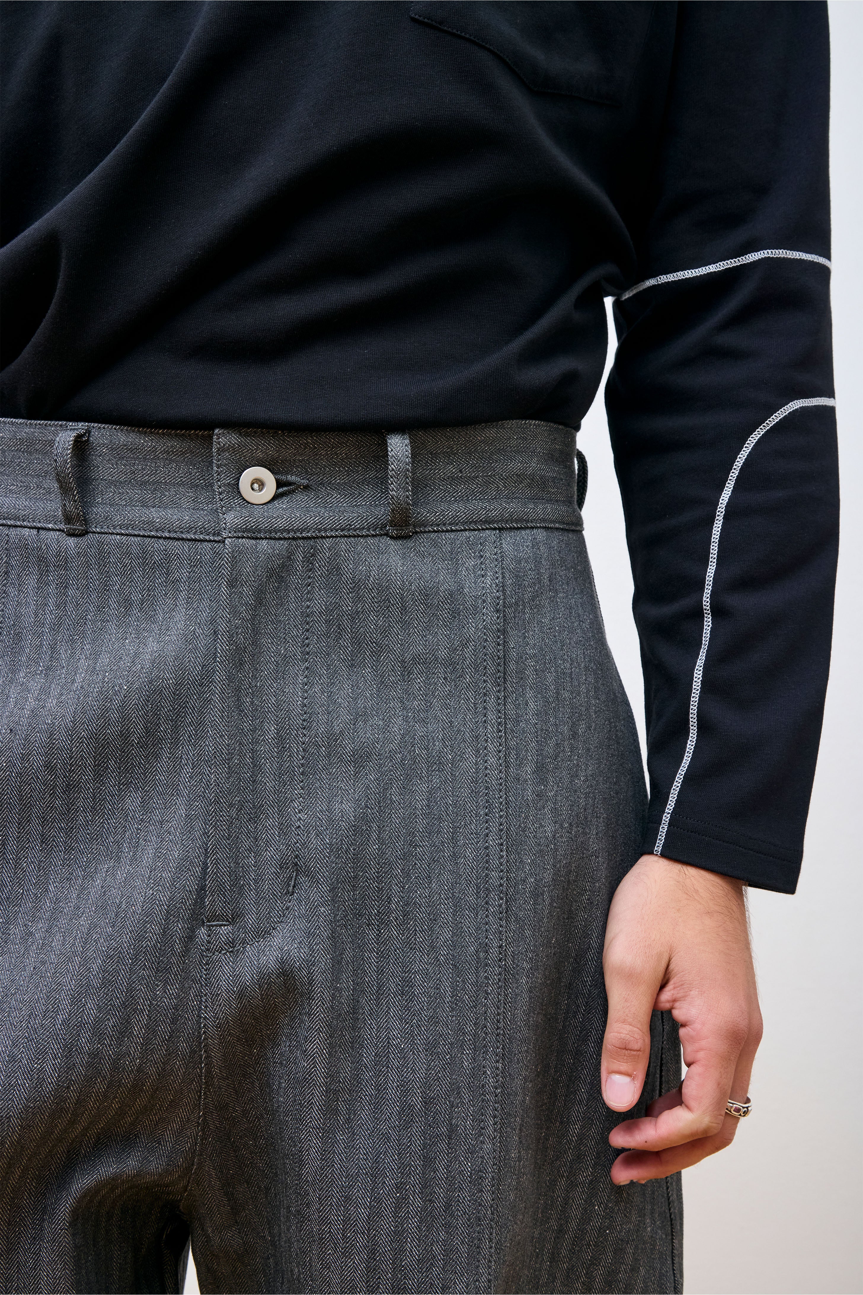 Welt Trouser Denim Dark Grey Herringbone