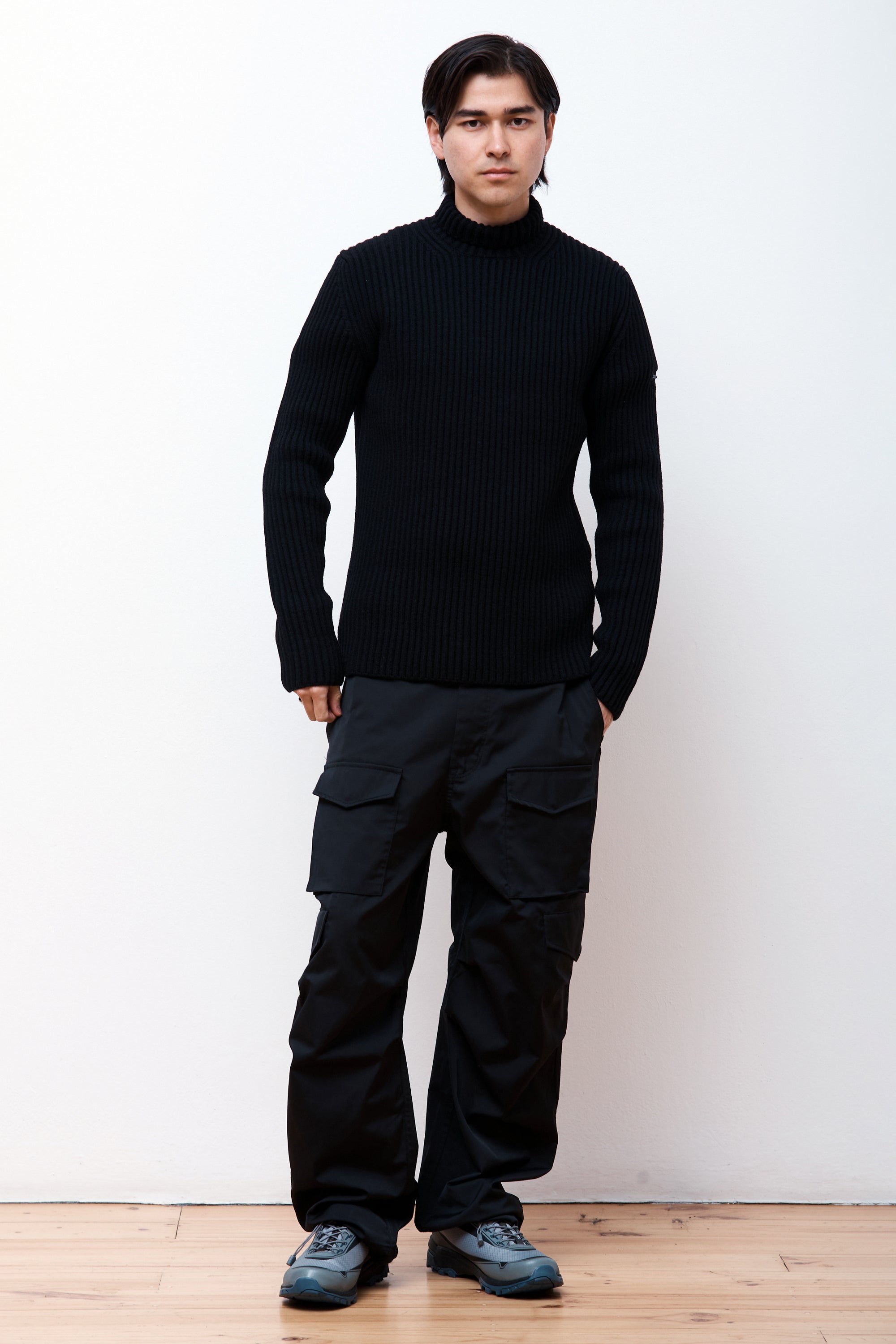 Hybrid Merino Rib Mock Neck Black