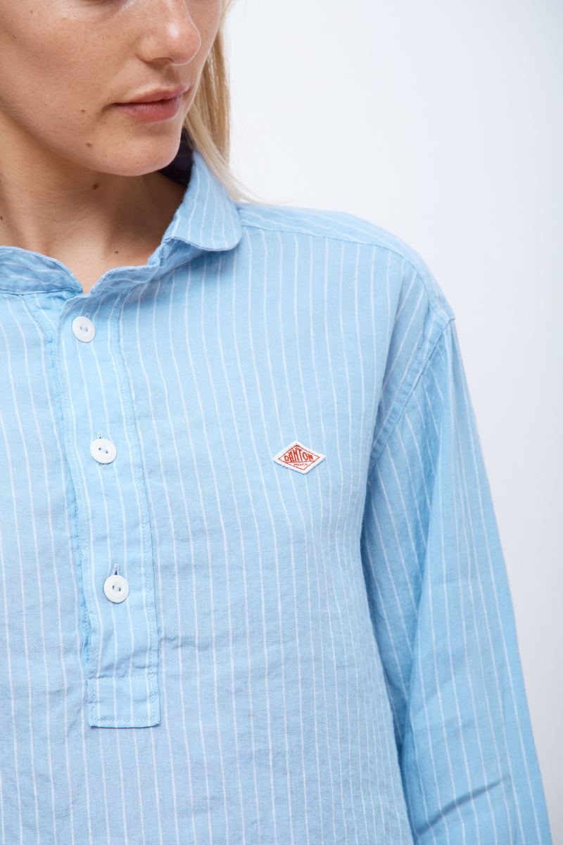 Round Collar P.O Shirt L/S Blue/White Stripe
