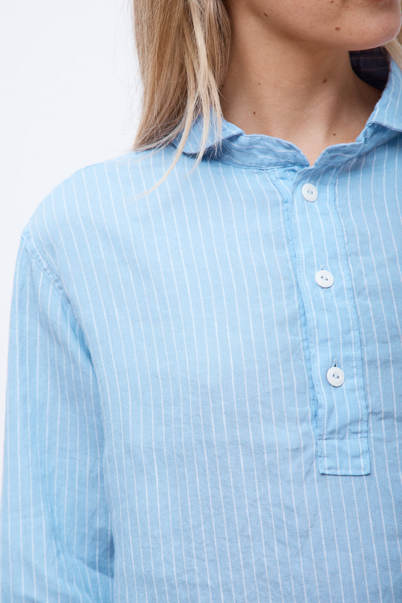 Round Collar P.O Shirt L/S Blue/White Stripe
