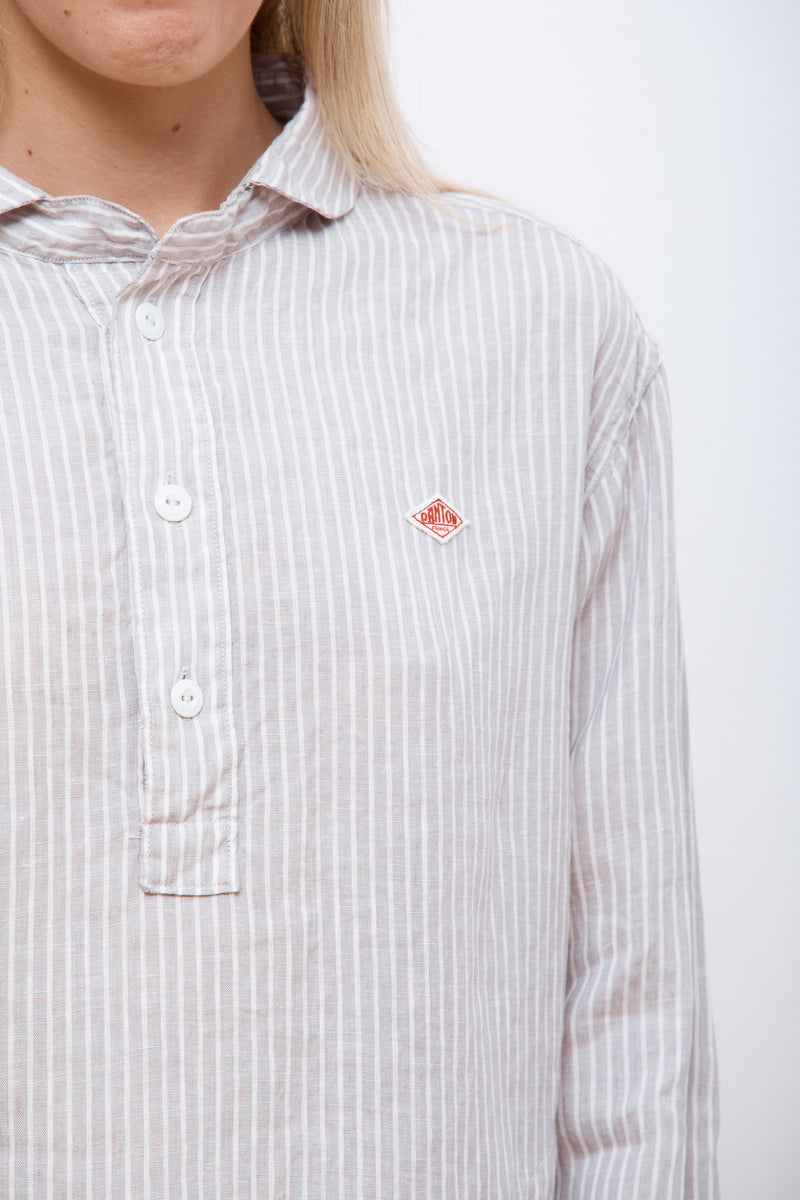 Round Collar P.O Shirt L/S Grey/Ecru Stripe