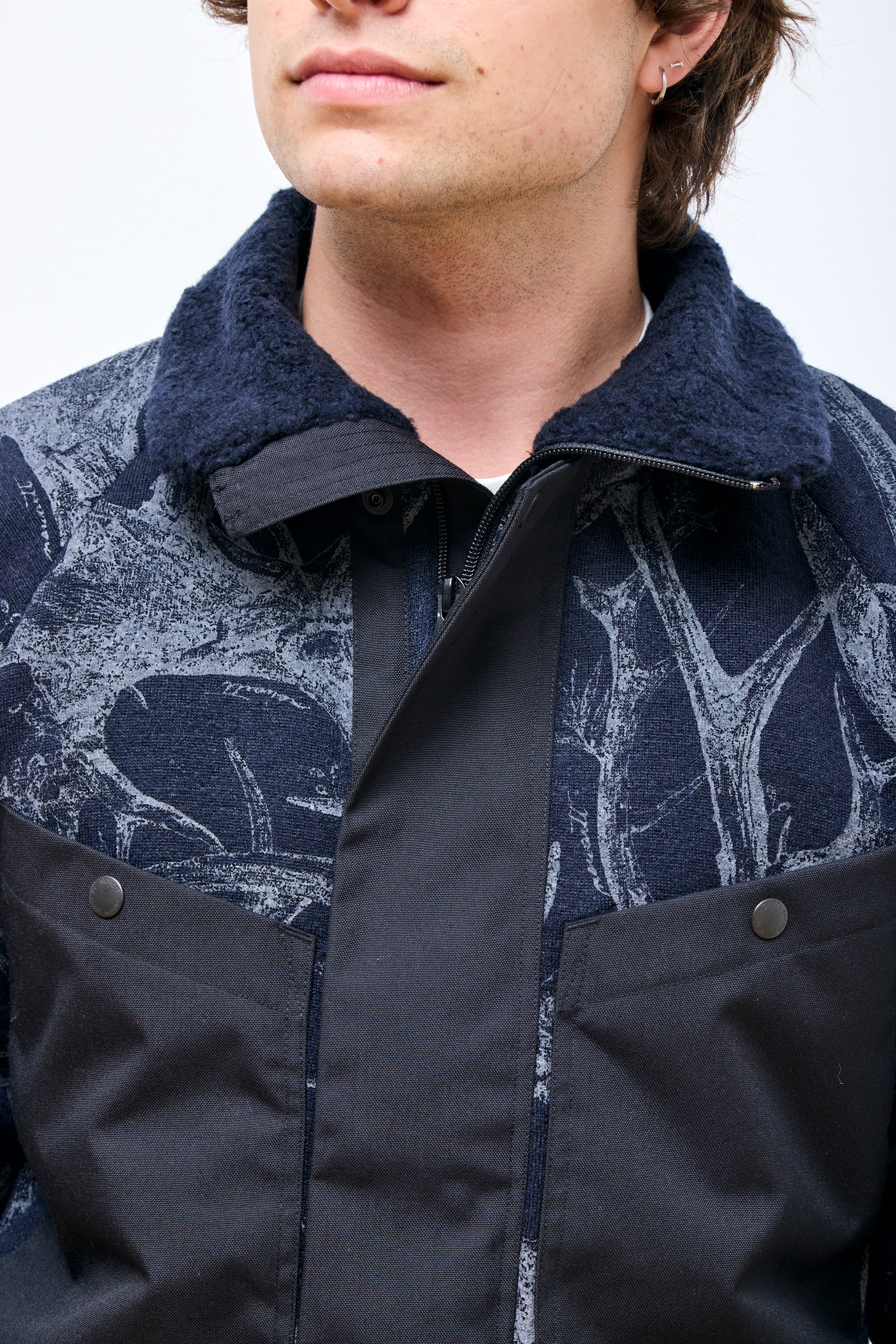 Horn Tree Print Wool Boa Jacket Navy