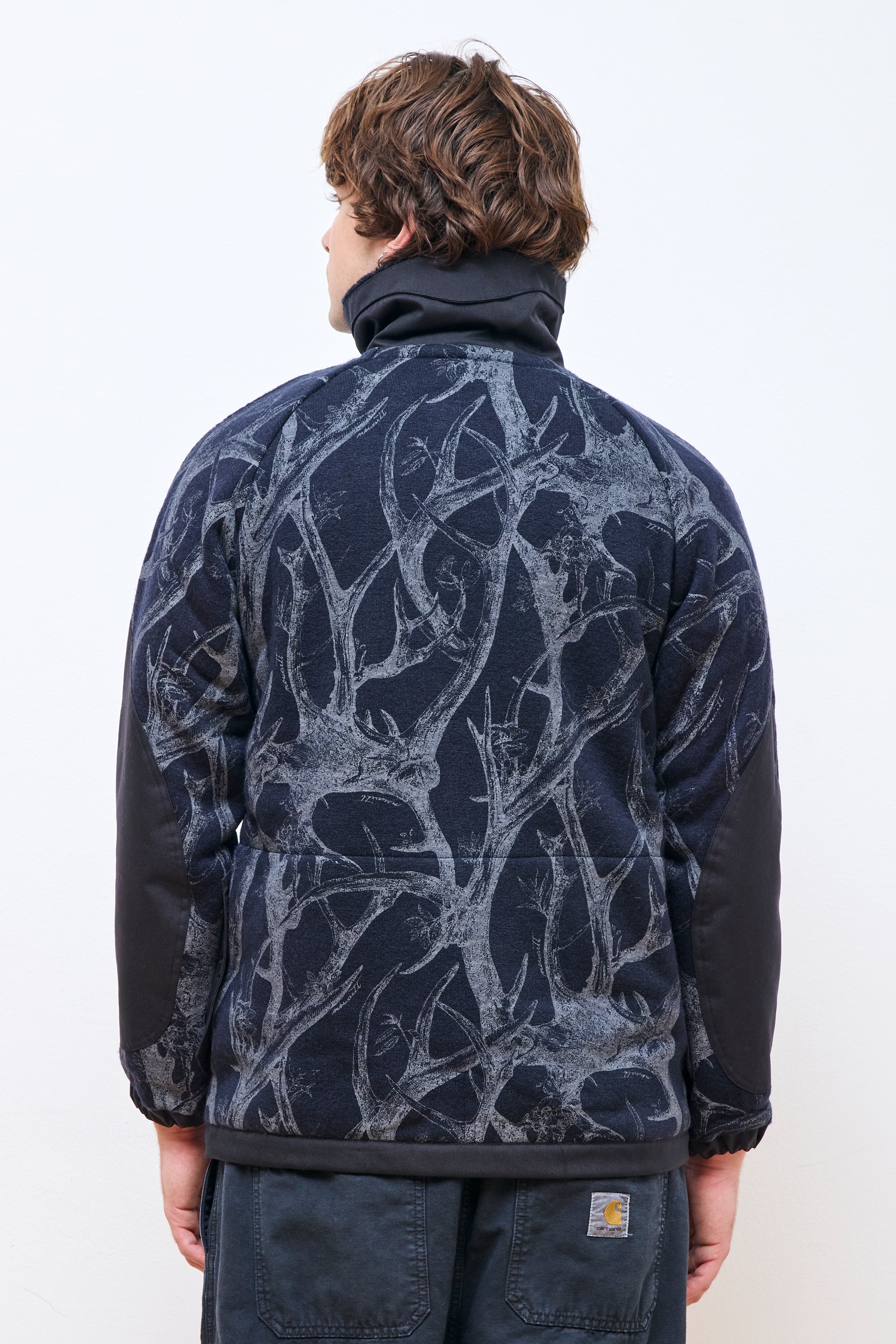 Horn Tree Print Wool Boa Jacket Navy