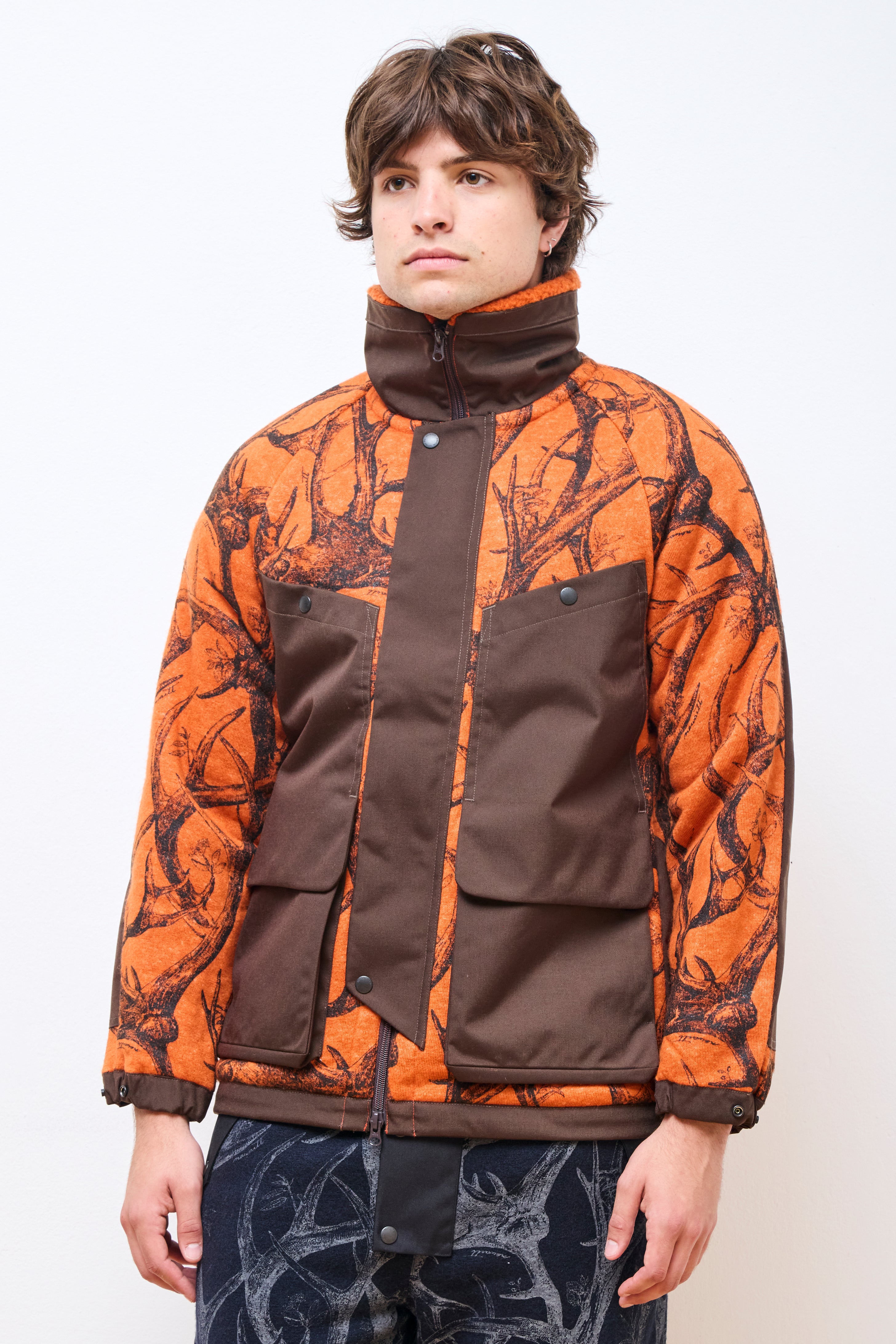 Horn Tree Print Wool Boa Jacket Orange